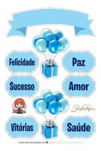 Topo Topper De Bolo Personalizado Parabéns Azul Masculino