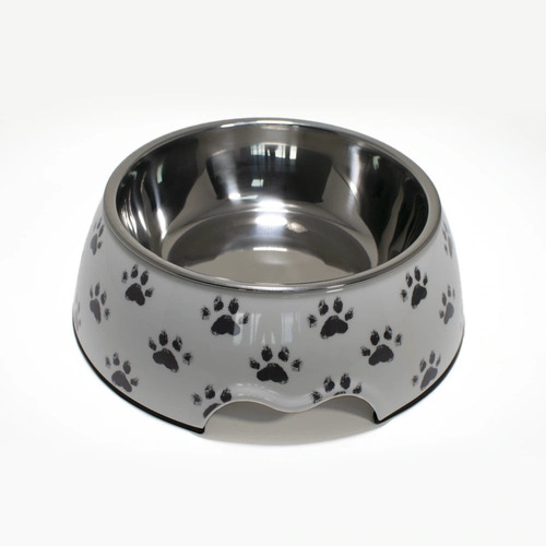 Plato Para Mascota Melamina Huellas Blanco-gris