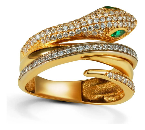 Anillo Bizzarro Serpiente Oro 14k Zirconias Blancas Y Verdes