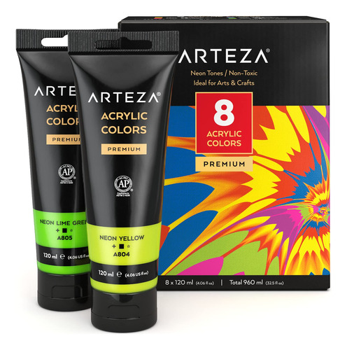 Arteza Pintura Acrilica Neon, Juego De 8, Tubos De 4.06 Onza