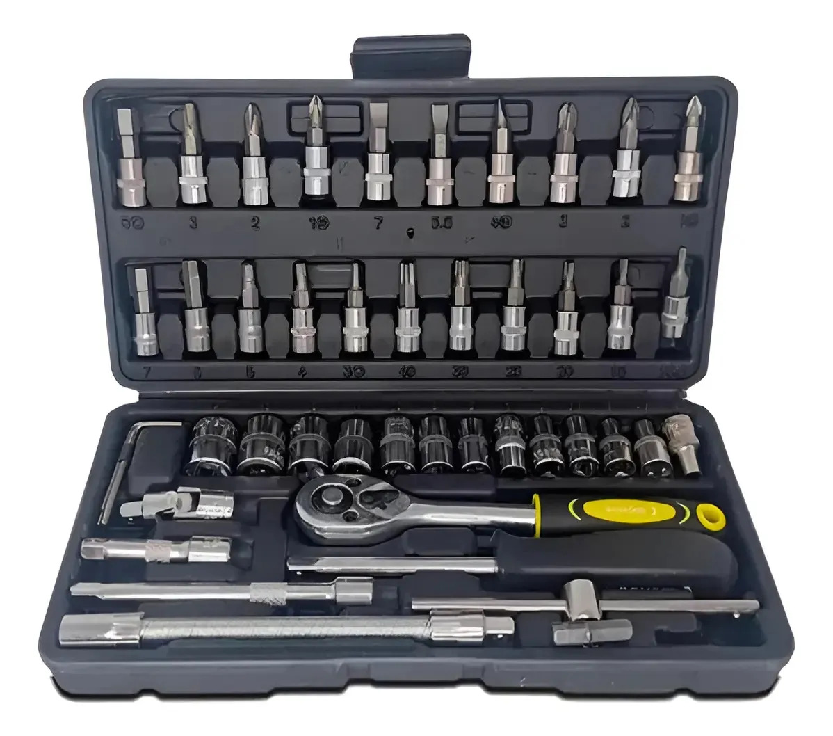 Kit Chaves Jogo Catraca Reversível Soquetes 46 Pç Maleta Cor Preto