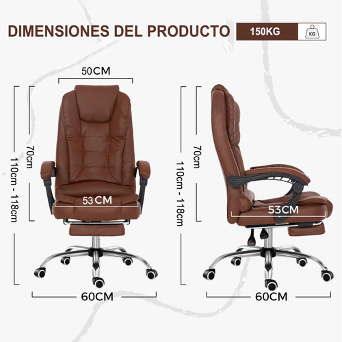 Silla Ergonómica Piel Pu Con Reposapiés Y Respaldo Ajustable Marrón Cuero Sintético
