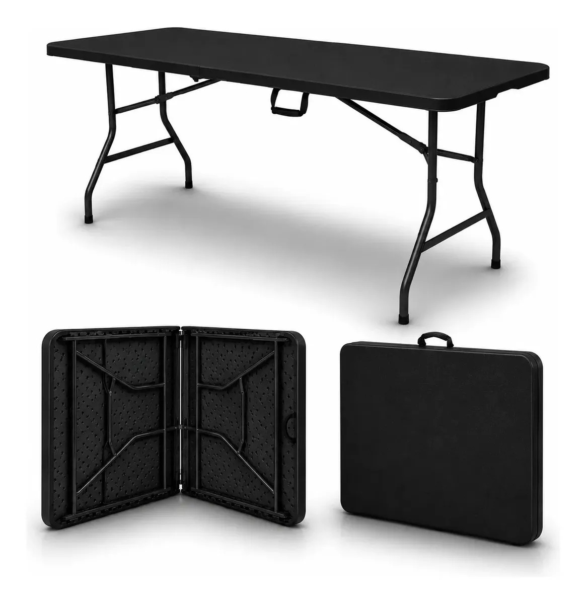 Mesa Dobrável Vira Maleta 1,80m Luxena Preta com Alça Portátil para Camping Pesca Jardim Festa Área Gourmet Mesa Retangular Dobrável Resistente para Uso Interno e Externo até 150kg Luxena
