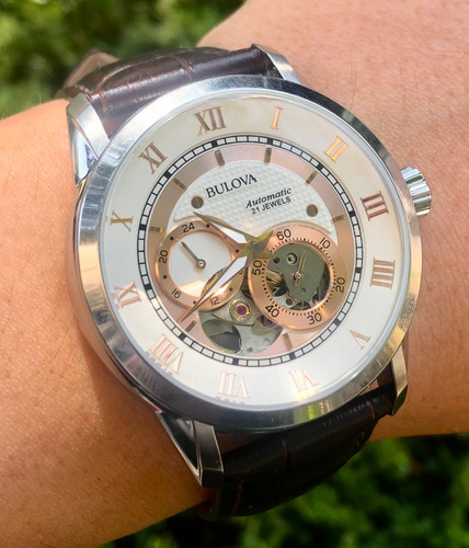 Reloj Bulova Corazón Abierto Automático Café Acero Hueso (Usado)