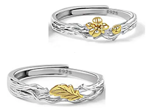 Anillos Plata S925 Ajustables Pareja Roble Y Algodoncillo