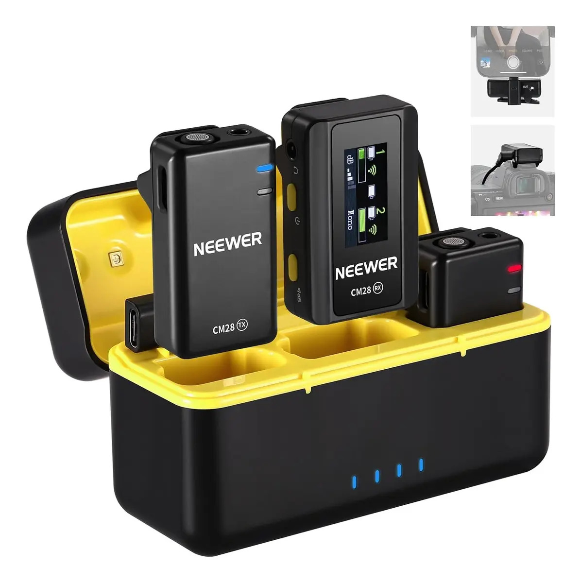 NEEWER CM28 Micrófono Lavalier Inalámbrico,Cancelación Ruido Inteligente,Grabación 48KHz/16Bit 9hrs Autonomía,Alcance 200m 4GB Almacenamiento para iPhone Android Cámara,1 RX + 2 TX