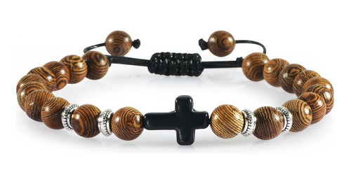 Pulsera Madera Marron Cuencas Metalicas Rosario Cruz Negro