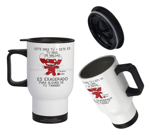 Mug Vaso Termico Viajero Para Carro Stitch Nivel Maldad