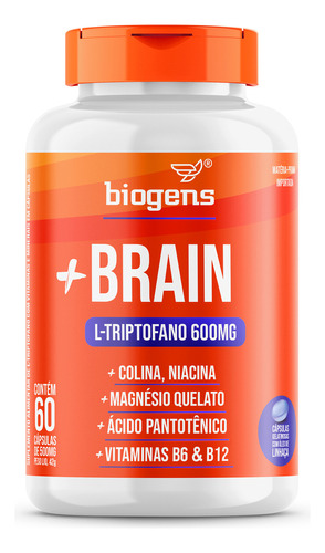 + Brain, Triptofano 600mg, 60cps Colina Relax, Foco, Biogens