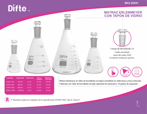 Matraz Erlenmeyer De Vidrio 1000 Ml Junta 24/40 Difte
