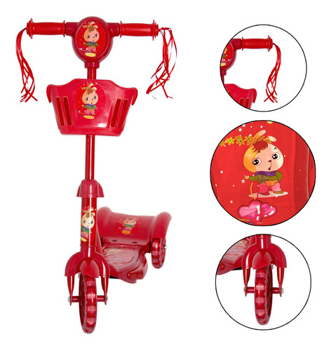 Patinete Infantil Grande Principe 3 Rodas Vermelho Led Luxo