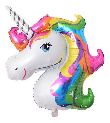 Globo Metalizado Cabeza Unicornio Arcoíris 35cms Helio, Aire