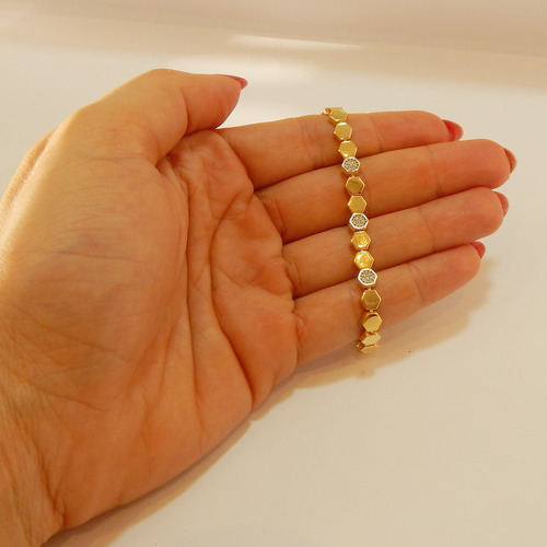 Pulseira De Ouro 18k Com Diamantes 17cm Hexagonal Hexágonos