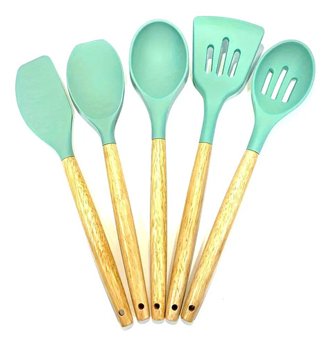 Juego Utensilios De Silicona Mango De Madera Antiadherente Color Verde Claro