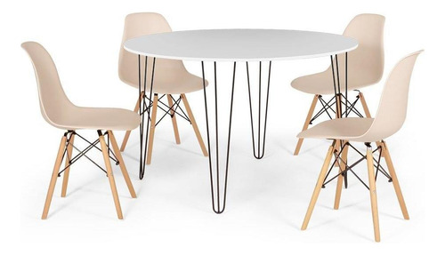 Mesa De Jantar Hairpin 120cm Branca +4 Cadeiras Eames Eiffel Cor Nude