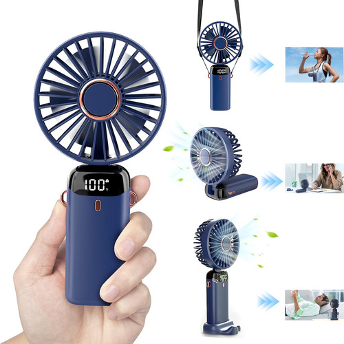 Usb Ventilador De Mano Portatil Pequeño Recargable Portátil Base Y Mano 5 Velocidades Con Pantalla