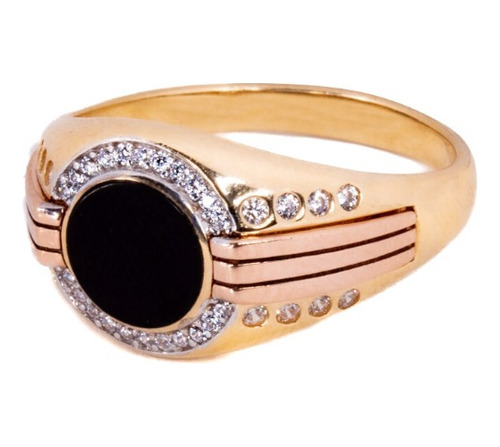 Anillo Círculo Negro Y Circonias Oro 14 K. Oro Fino Joyería.