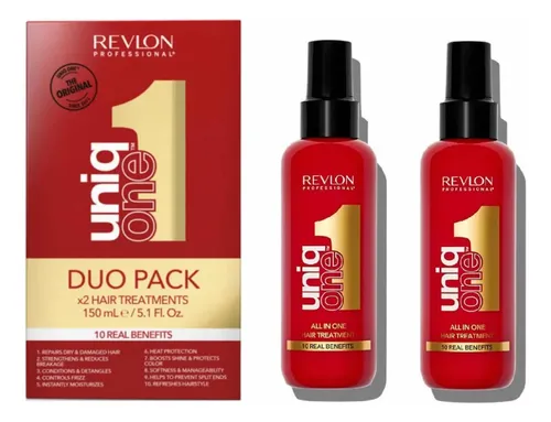 Embalagem Duo Pack Revlon Uniq One ao lado de dois frascos do produto