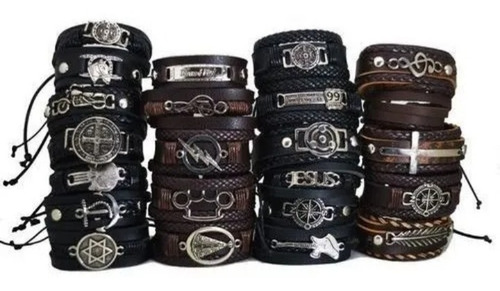 6 Pulseiras Couro Regulável Sortidas Cores Duravél Masculino