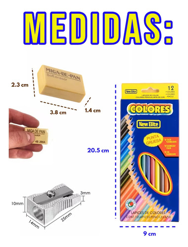 12 Colores Madera + Goma Sacapuntas Metal Borrador Lápices