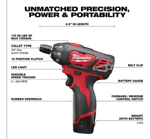 Parafusadeira 1/4'' 1 Bateria 12v 2ah 220v Milwaukee 2401-259B