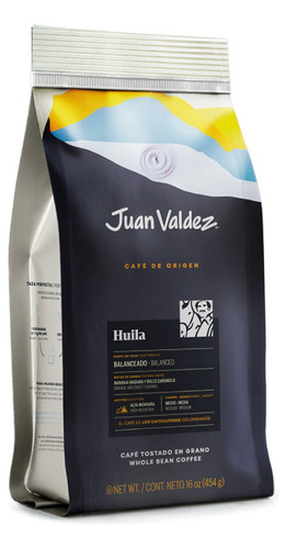 Cafe En Granos Juan Valdez Huila 454g Intens. Media Colombia Juan Valdez Premium - En grano - Tostado - Bolsa - Unidad - 1 - 454 g