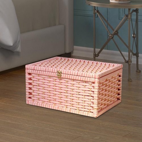 Cesta De Armazenamento Com Tampa Organizadora Caixa Rosa