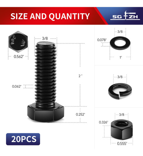 Tornillo De Cabeza Hexagonal Tuercas Arandelas 20 Piezas Ace