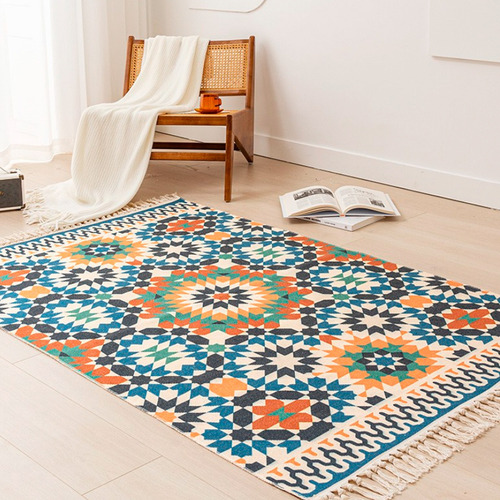 Alfombra Rectangular Retro De Algodón Colorida Colores Sala