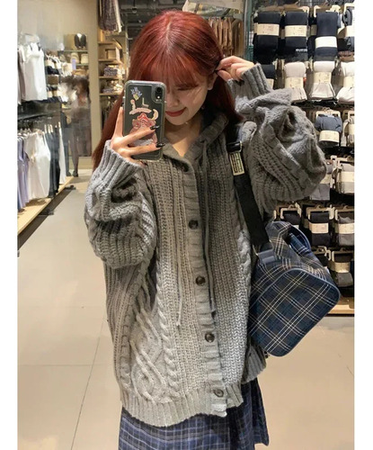 Cárdigan Gris Con Capucha De Punto Trenzado Para Mujer Otoño