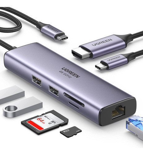 Adaptador Ugreen Multipuerto Hub 7 En 1  Usb-c Con Ethernet