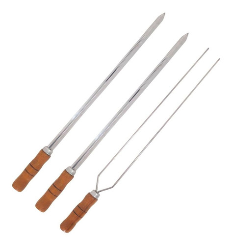 Kit 3 Espetos De Inox 40cm Com Cabo Madeira - Espada E Duplo