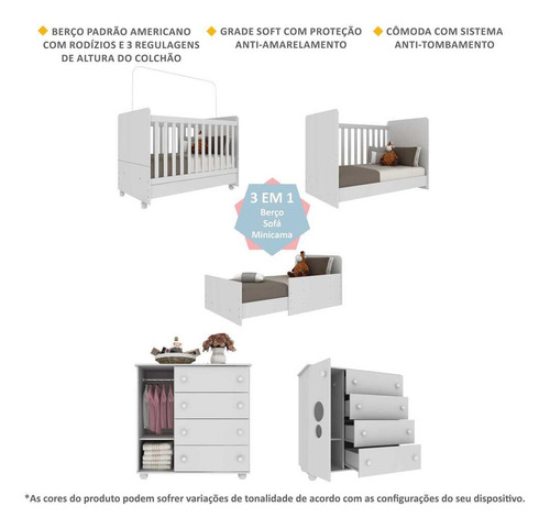 Quarto Infantil Berço com Colchão Incluso e Cômoda Multimóveis Pimpolho FG3570 Branco
