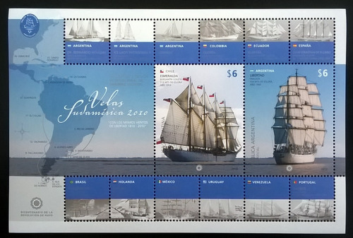 Argentina Barcos Bloque Gj Hb 210 Velas Sud 2010 Mint L12425