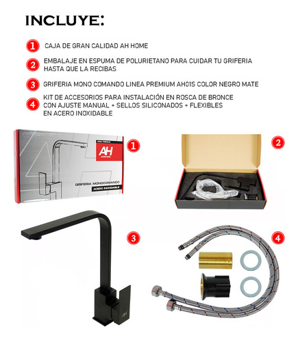 Griferia Cocina Monocomando Canilla Curvo Ah Home Ah01s Acabado Mate Color Negro