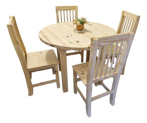 Mesa Comedor Madera Pino Reforzado Redonda + 4 Sillas Hindu Sin Color