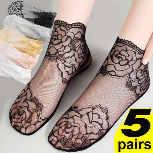 Calcetines De Encaje Con Estampado Floral Invisible, 5 Pares