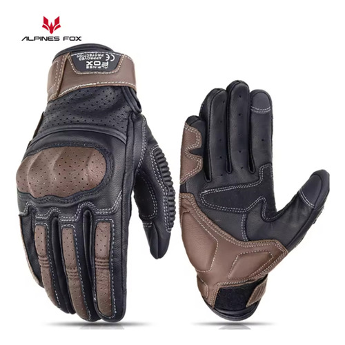 Guante Moto Cuero Alpine Fox Bicolor De Alta Calidad Protecc Negro Y Marrón M