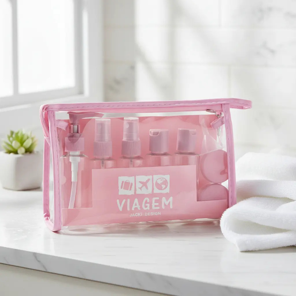Kit De Frascos Para Viagem 10 Creme Cosméticos Shampoo Cor Rosa-claro