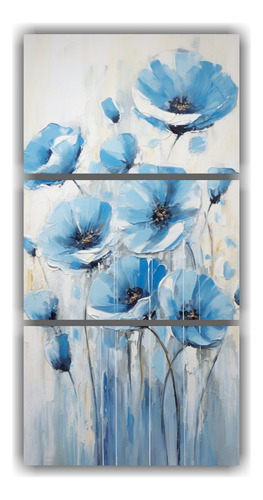 30x60cm Tríptico De Amapolas Azules En Bastidor Flores