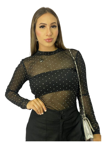 Blusa Manga Longa Tule Transparente Preta Strass Planet Girl