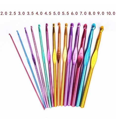 Imagen 6 de 9 de Set De 14 Crochet Palillos Metalicos De Colores (2 A 10mm)