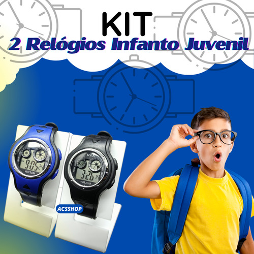 Kit 2 Relógio Digital Led Infantil Menino Menina Masculino Feminino Infanto Juvenil com Luz Alarme Cronômetro Calendário Correia de Silicone Presente dia Das Crianças Cor Cinza Preto