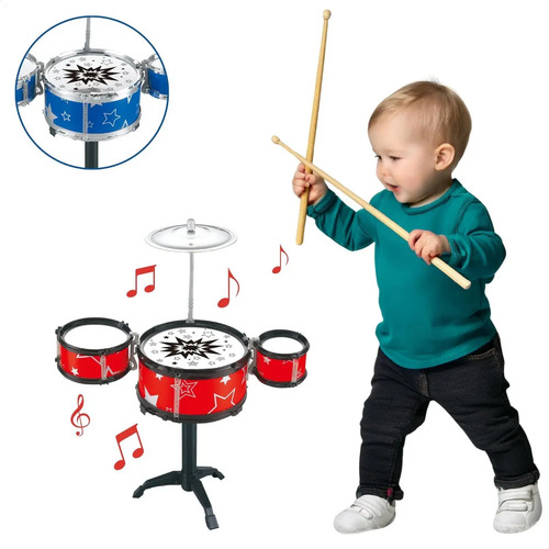 Mini Bateria Infantil Instrumento Brinquedo 3 Tambores Cor Vermelho