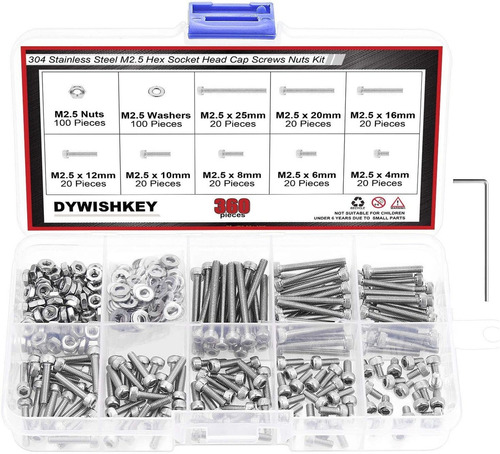 Dywishkey 360 Pieces M2.5 X 4mm/6mm/8mm/10mm/12mm/16mm/20mm/