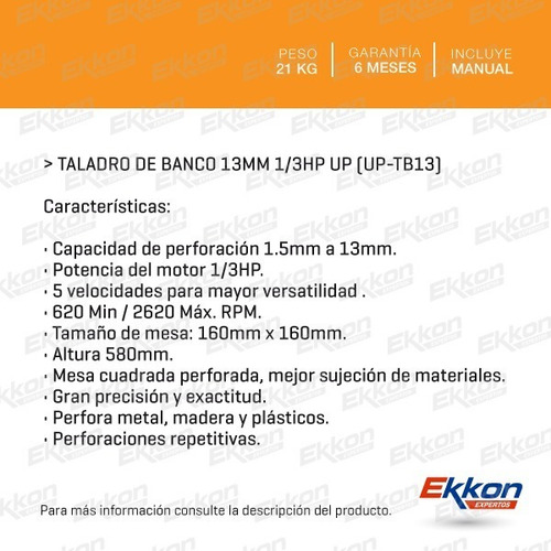 Imagen 2 de 8 de Taladro De Banco Upper 13 Mm 1/3 Hp