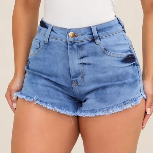 Short Jeans Feminino Cintura Alta Com Lycra Barra Desfiada