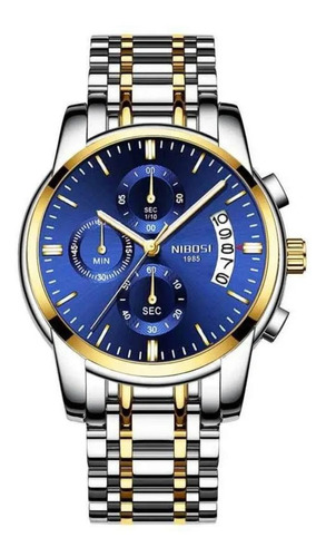 Relógio de pulso Nibosi NI2353 com corpo prateado,  analógico, para masculino, fundo  azul, com correia de aço inoxidável cor prateado e dourado, agulhas cor dourado e branco, subdials de cor dourado e branco, subesferas cor azul, ponteiro de minutos/segundos branco, bisel cor dourado e borboleta