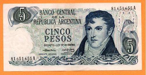 Billete 5 Pesos Ley, Bottero 2327, Año 1974 Mb