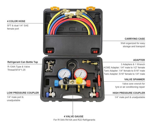 Juego De Manómetro De 4 Vías A/c Para Refrigerantes R134a R4